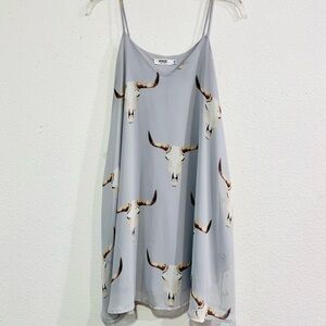 Light Blue Dress with Bull Skull Print, Spaghetti strap, rodeo